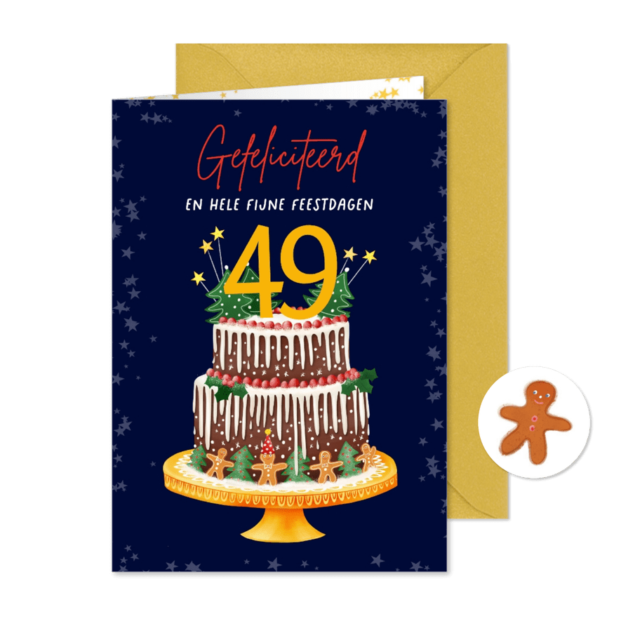 Verjaardag kerstkaart met taart en leeftijd aanpasbaar - Kaartimpressie
