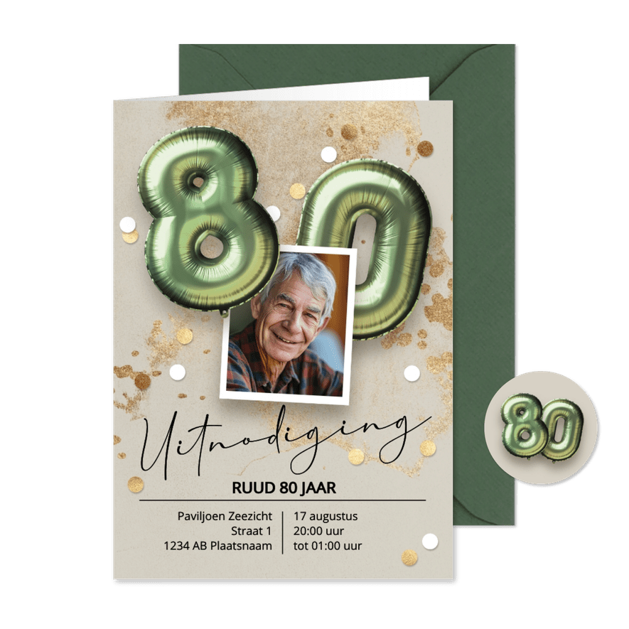 verjaardag uitnodiging 80 jaar ballonnen - Kaartimpressie