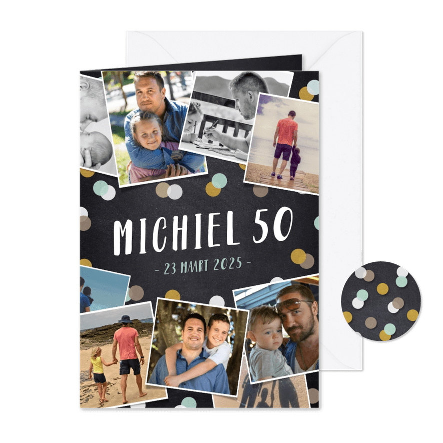 Verjaardag uitnodiging fotocollage krijtbord met confetti - Kaartimpressie