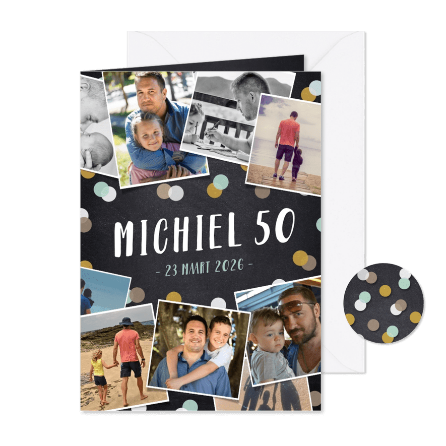 Verjaardag uitnodiging fotocollage krijtbord met confetti - Kaartimpressie