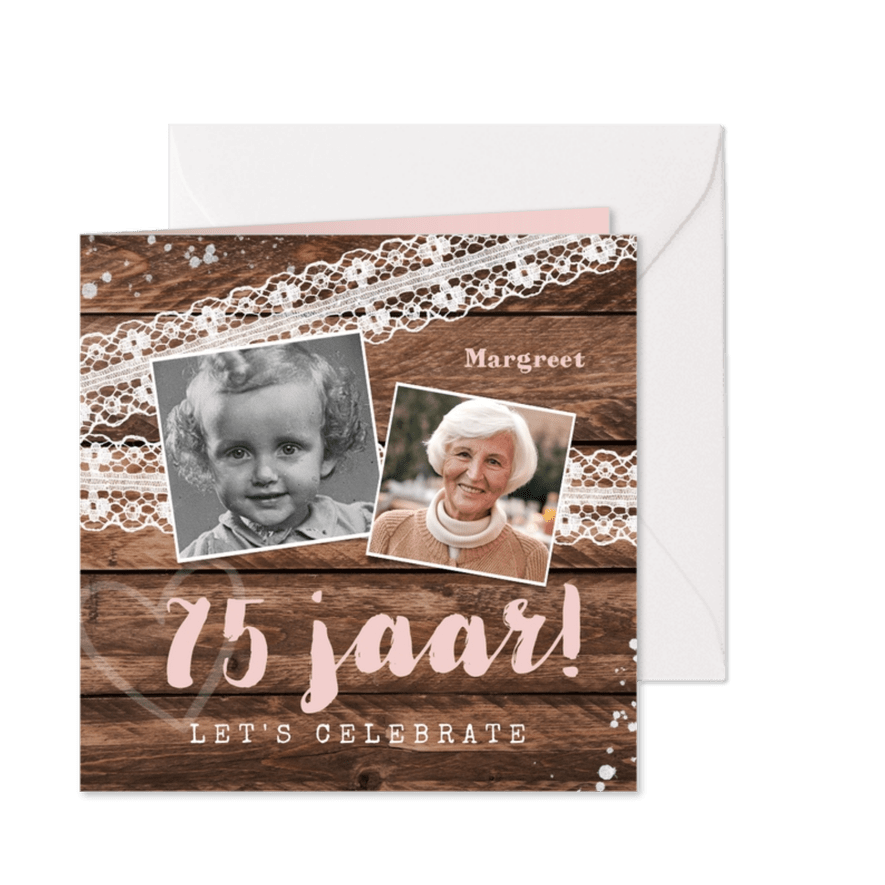 Verjaardag uitnodiging hip hout vintage kant met foto's - Kaartimpressie