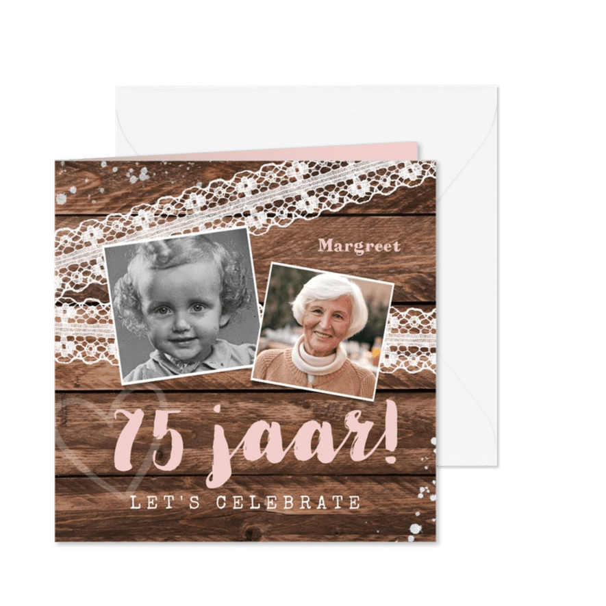 Verjaardag uitnodiging hip hout vintage kant met foto's - Kaartimpressie