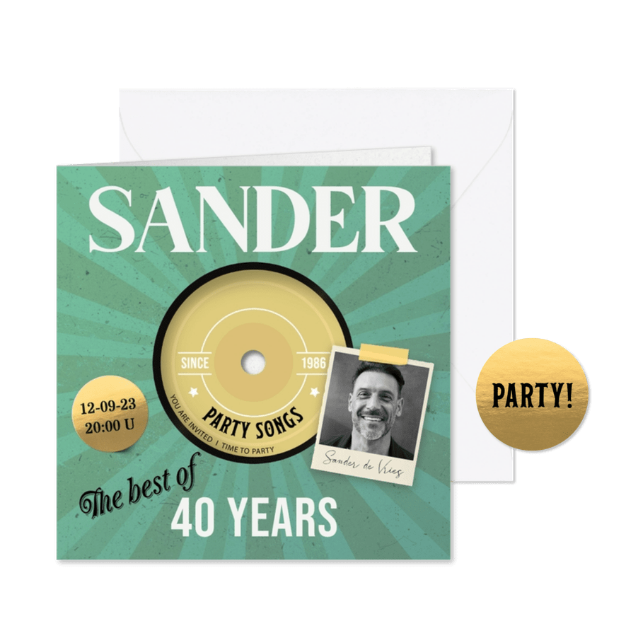Verjaardag uitnodiging LP man - Kaartimpressie