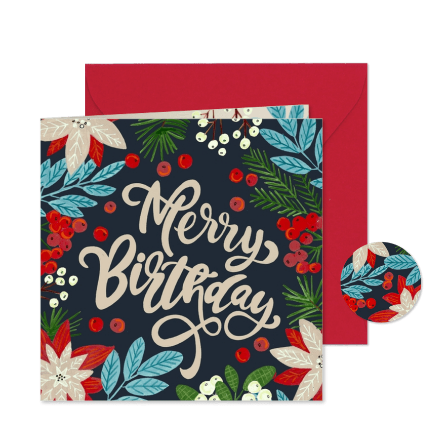 Verjaardags kerstkaart merry birthday kerstbloem met besjes - Kaartimpressie