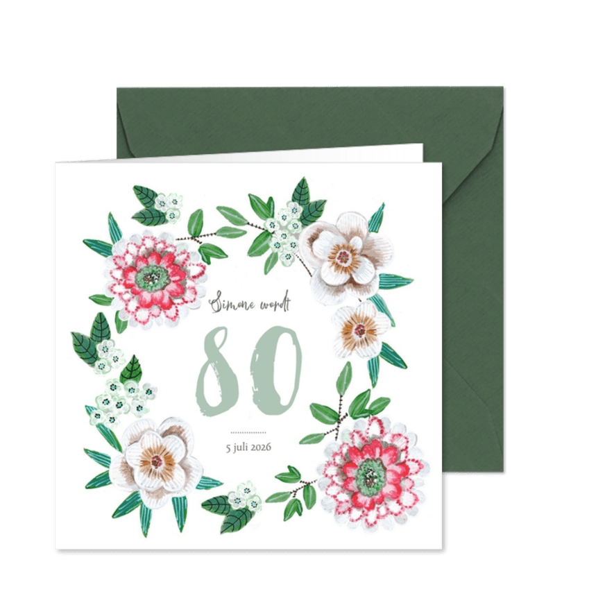 Verjaardagsfeest botanisch bloemen groen, rood en wit - Kaartimpressie