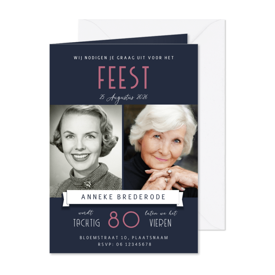 Verjaardagsfeest modern foto toen en nu - Kaartimpressie