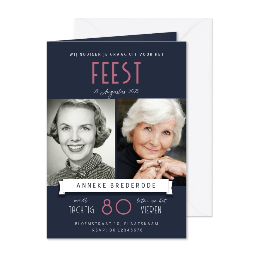 Verjaardagsfeest modern foto toen en nu - Kaartimpressie