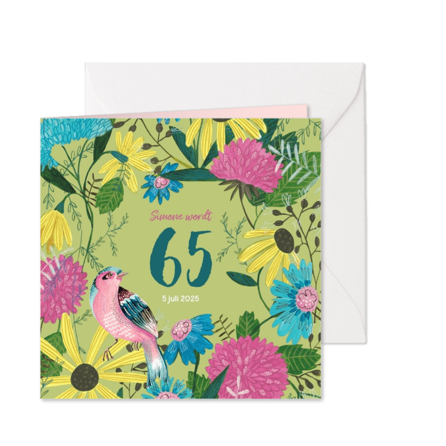 Verjaardagsfeestje 65 jaar bloemen en vogel - Kaartimpressie