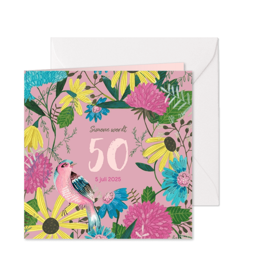 Verjaardagsfeestje bloemen geel en groen - Kaartimpressie