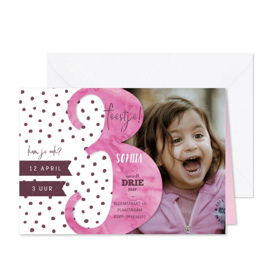 Verjaardagsfeestje drie jaar met waterverf en stippen - Kaartimpressie