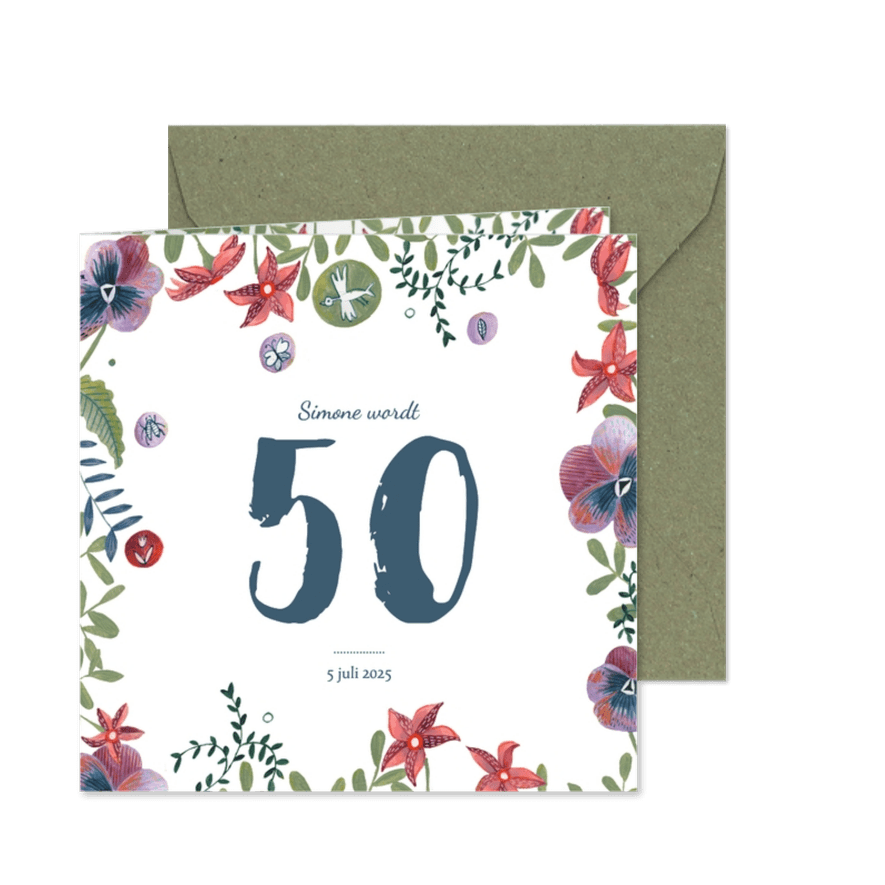 Verjaardagsfeestje uitnodiging bloemen rand - Kaartimpressie