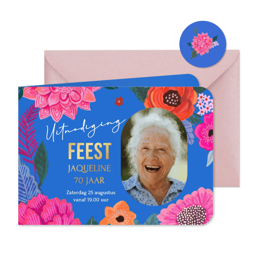 Verjaardagsfeestje vrolijke bloemen blauw - Kaartimpressie