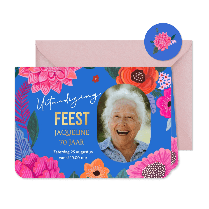 Verjaardagsfeestje vrolijke bloemen blauw - Kaartimpressie