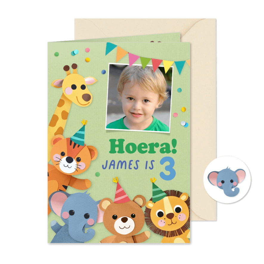 Verjaardagskaart dieren en confetti met foto - Kaartimpressie