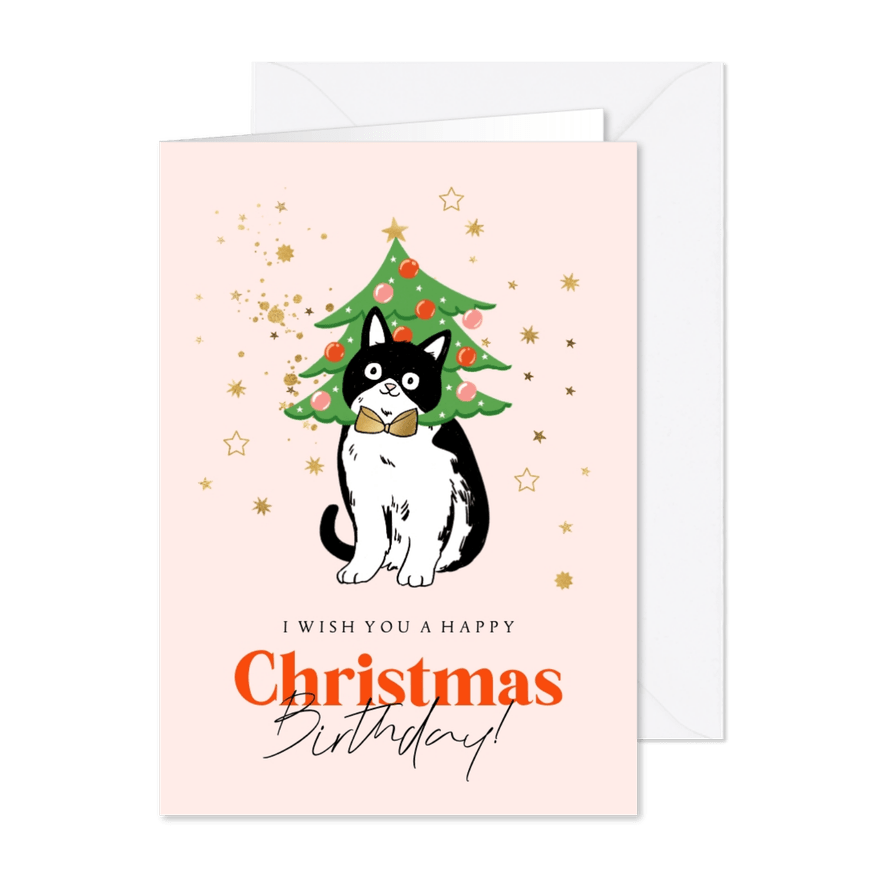Verjaardagskaart illustratie kerstboom kat sterren goud - Kaartimpressie