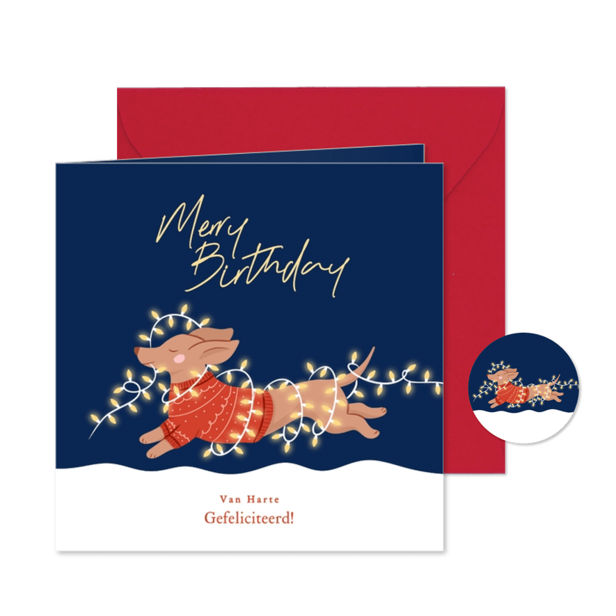 Verjaardagskaart kerst met teckel merry birthday - Kaartimpressie