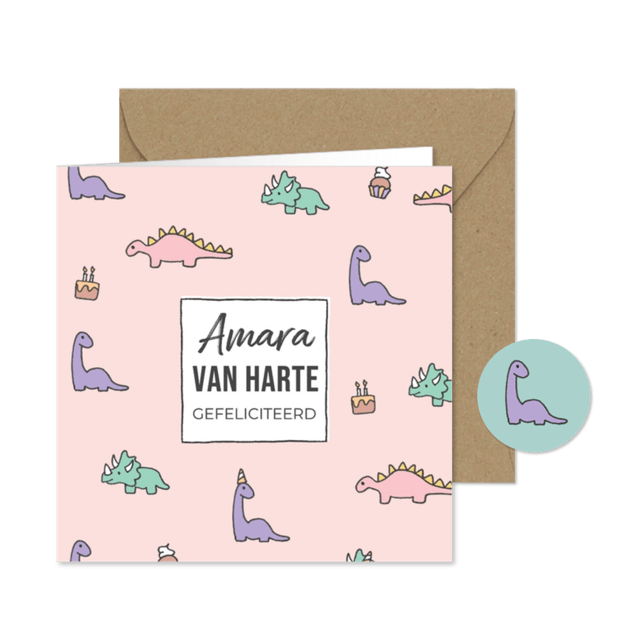 Verjaardagskaart met multi gekleurde dino's - Kaartimpressie