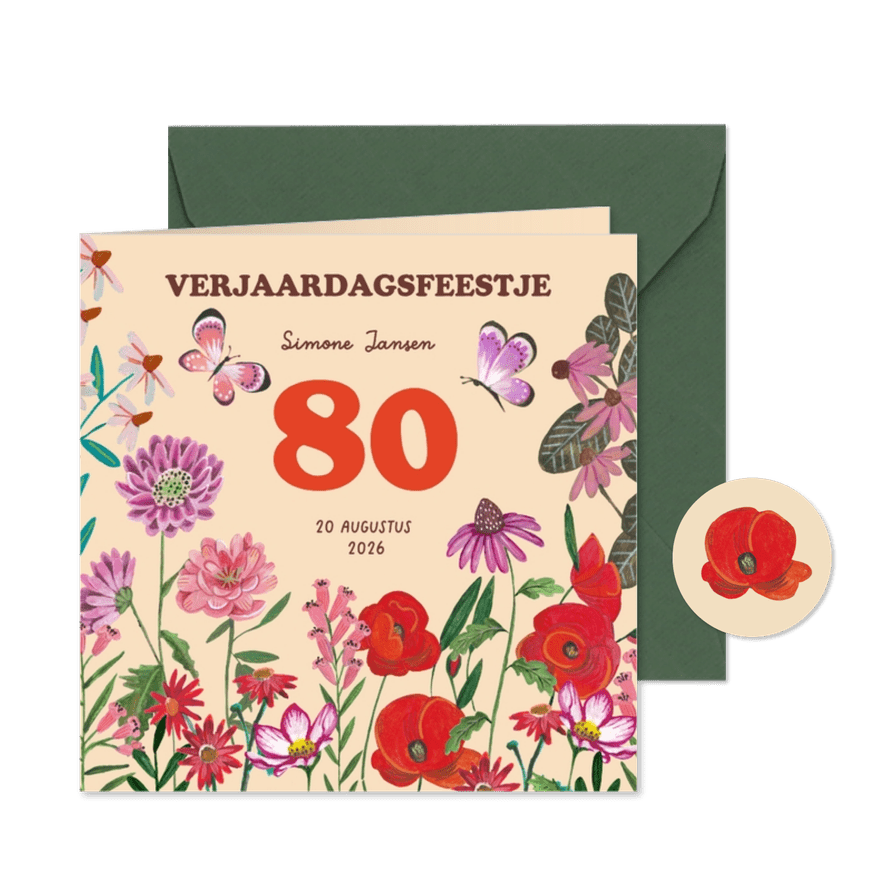 Verjaardagsuitnodiging bloemen 80 jaar kleurrijk feest - Kaartimpressie