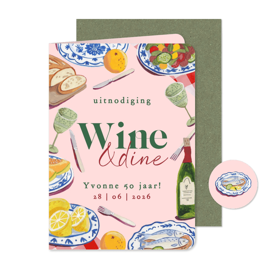 Verjaardagsuitnodiging Wine & Dine 50 jaar dinerfeest - Kaartimpressie
