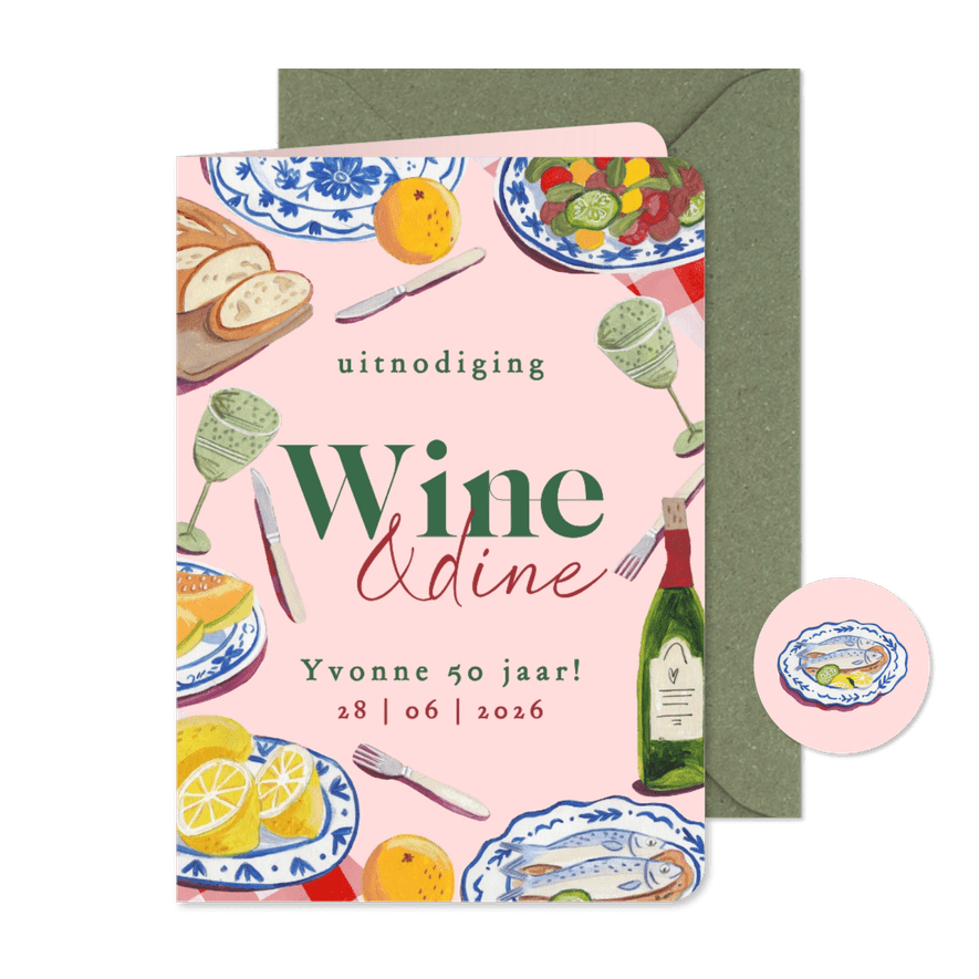 Verjaardagsuitnodiging Wine & Dine 50 jaar dinerfeest - Kaartimpressie