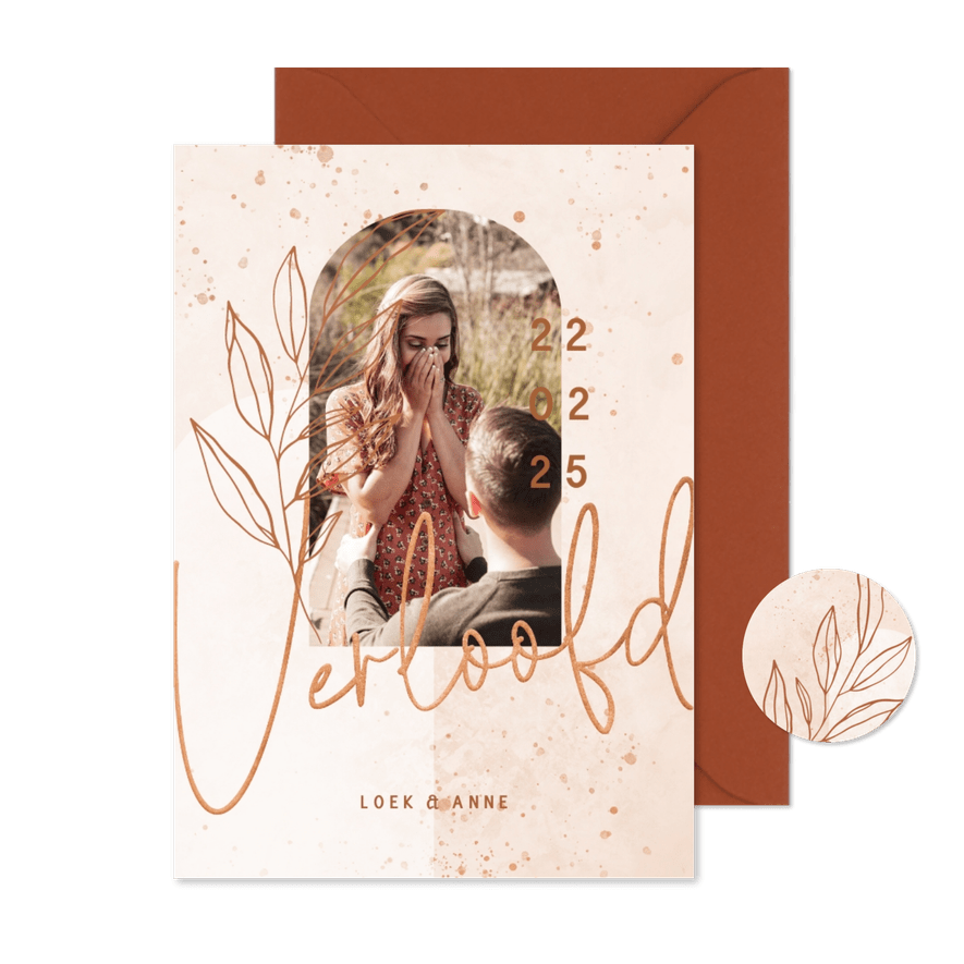Verloofd kaart bohemian lichtroze met koper en foto - Kaartimpressie