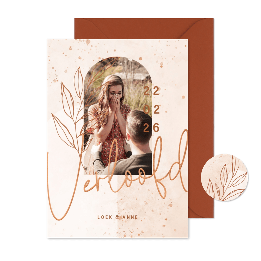 Verloofd kaart bohemian lichtroze met koper en foto - Kaartimpressie