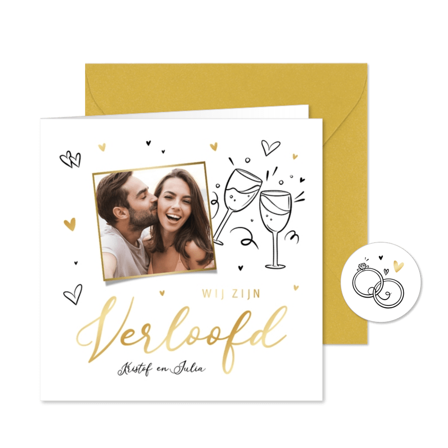 Verloofd kaart doodle goud foto ringen champagne - Kaartimpressie