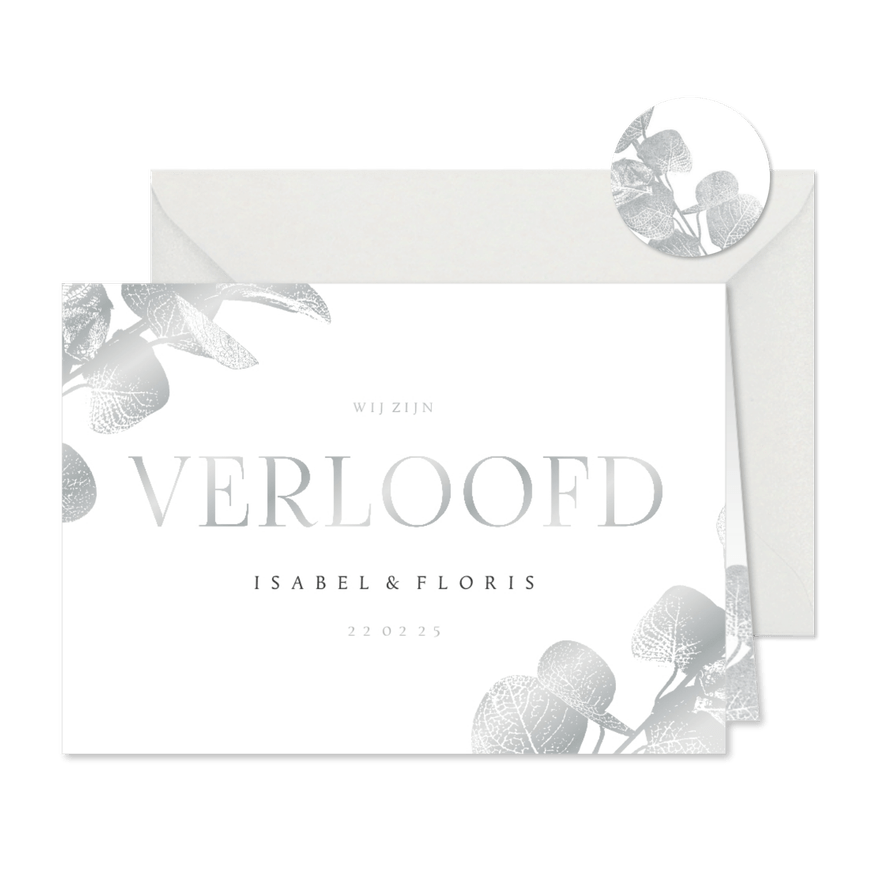 Verloofd kaart eucalyptustak in zilver - Kaartimpressie