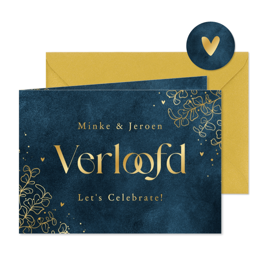 Verloofd kaart velvet blauw goud stijlvol eucalyptus hartjes - Kaartimpressie