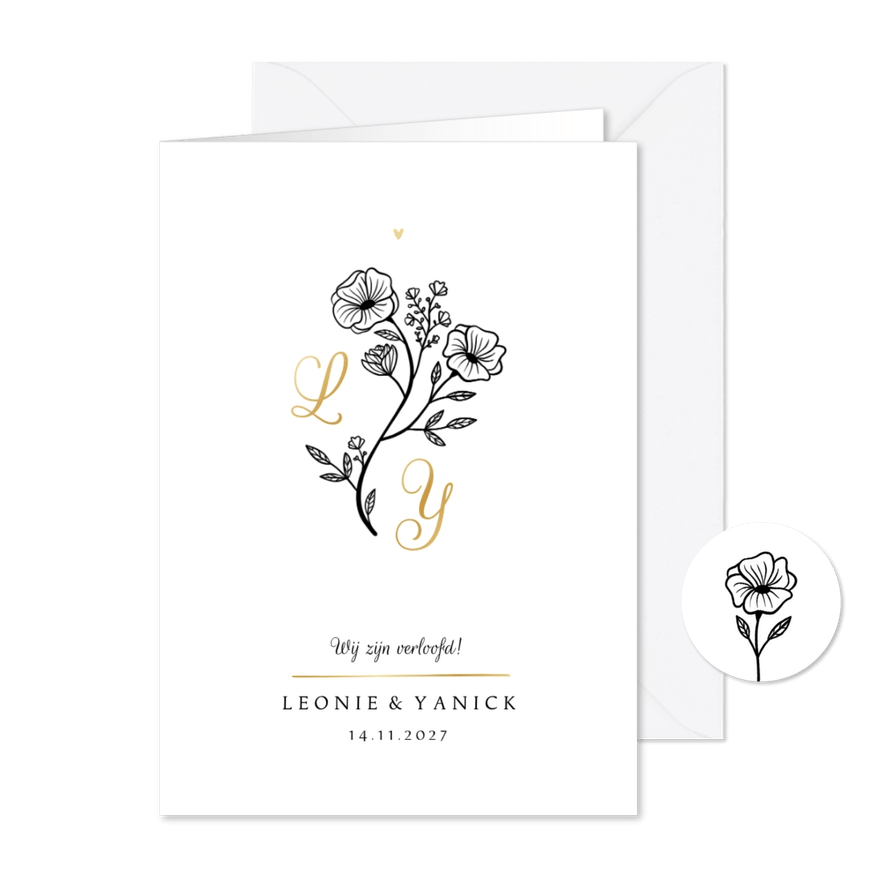 Verloofd klassiek minimalistisch goud bloemen initialen - Kaartimpressie