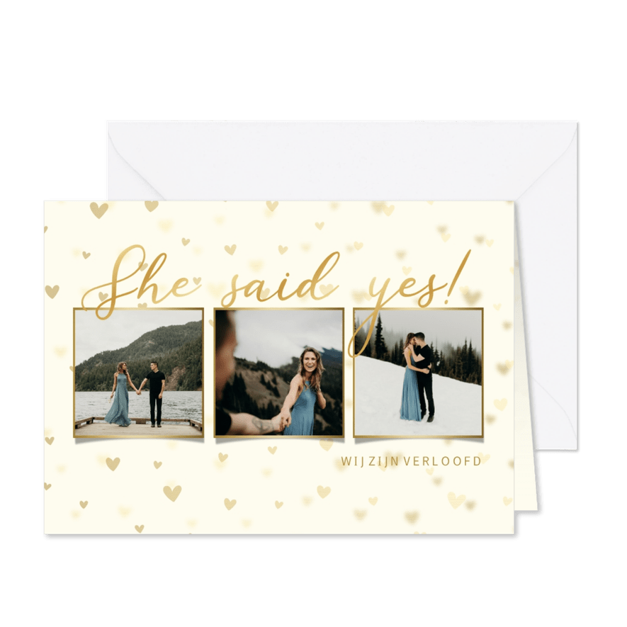 Verlovingskaart collage met van eigen foto's en goudfolie - Kaartimpressie