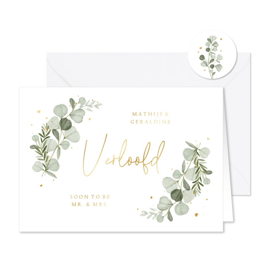 Verlovingskaart eucalyptus goud hartjes stijlvol - Kaartimpressie