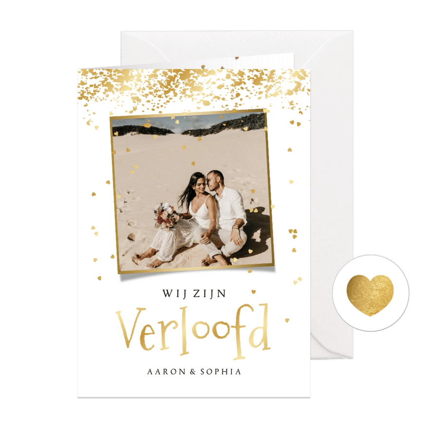 Verlovingskaart goud spetters hartjesconfetti foto - Kaartimpressie