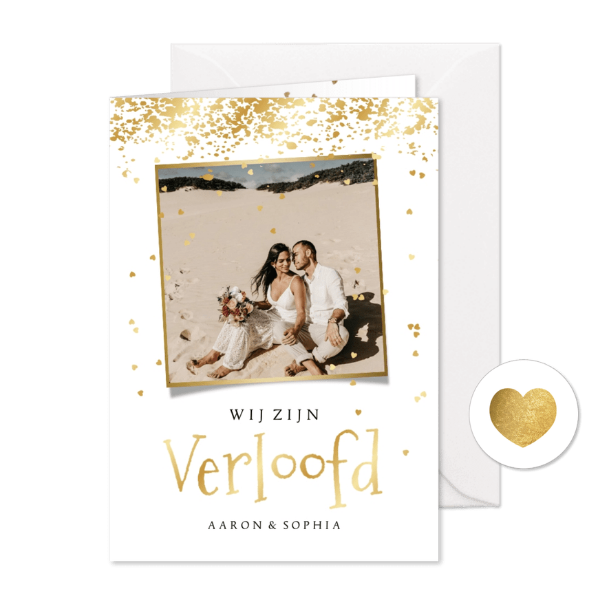 Verlovingskaart goud spetters hartjesconfetti foto - Kaartimpressie