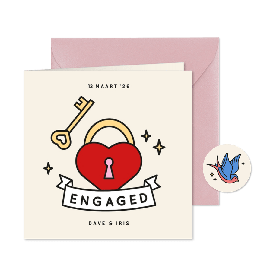 Verlovingskaart met tattoo style illustraties van slotje - Kaartimpressie