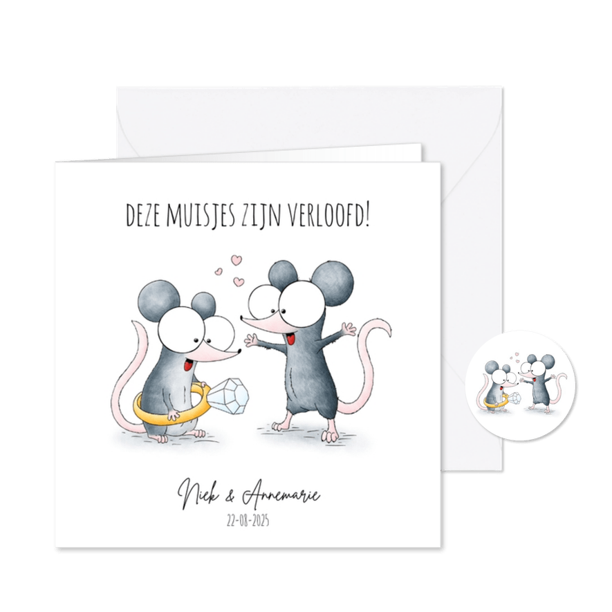 Verlovingskaart - muisjes met verlovingsring - Kaartimpressie
