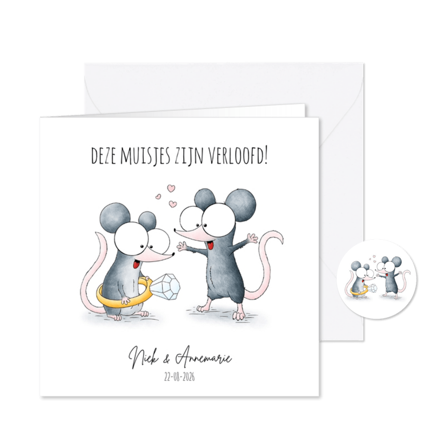 Verlovingskaart - muisjes met verlovingsring - Kaartimpressie