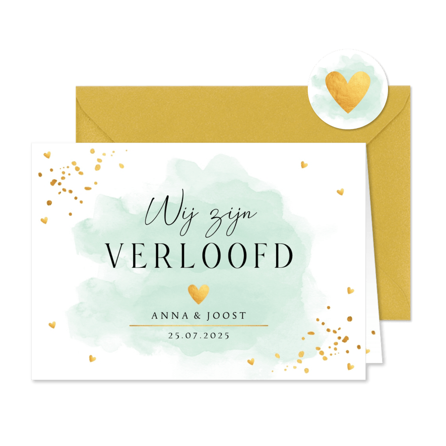 Verlovingskaart waterverf mintgroen met goudlook - Kaartimpressie