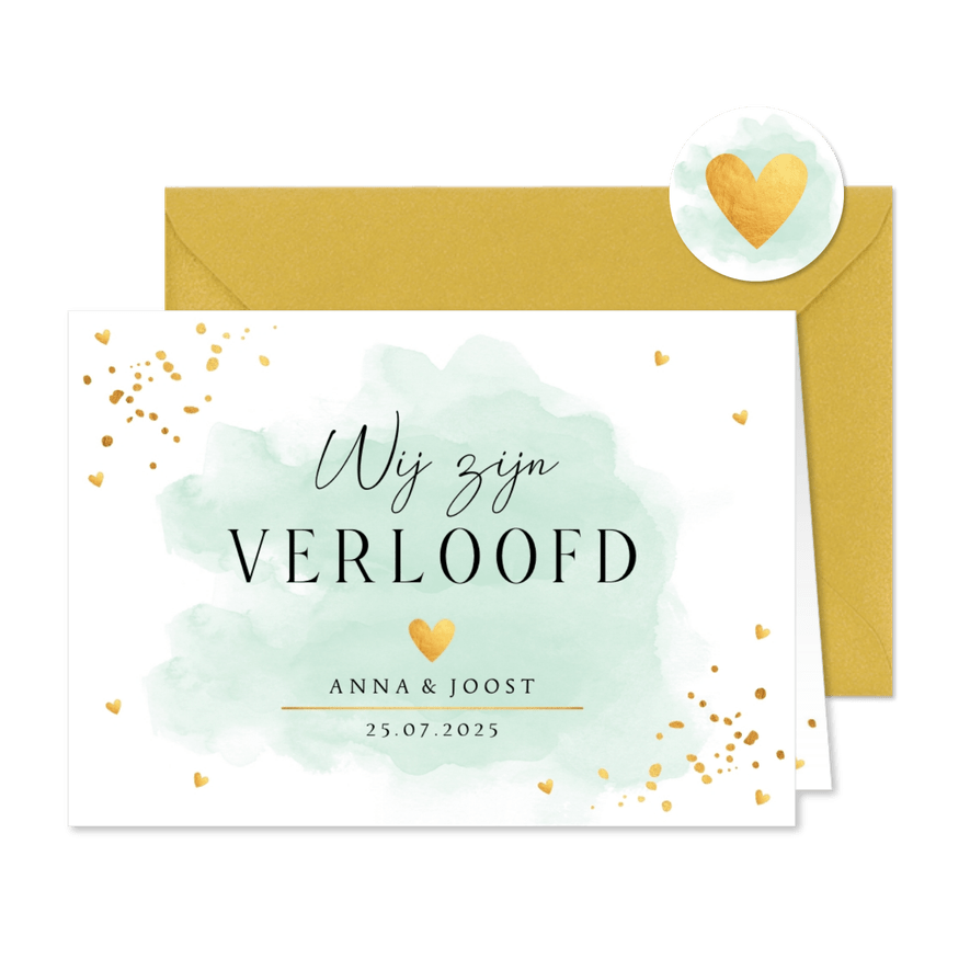Verlovingskaart waterverf mintgroen met goudlook - Kaartimpressie