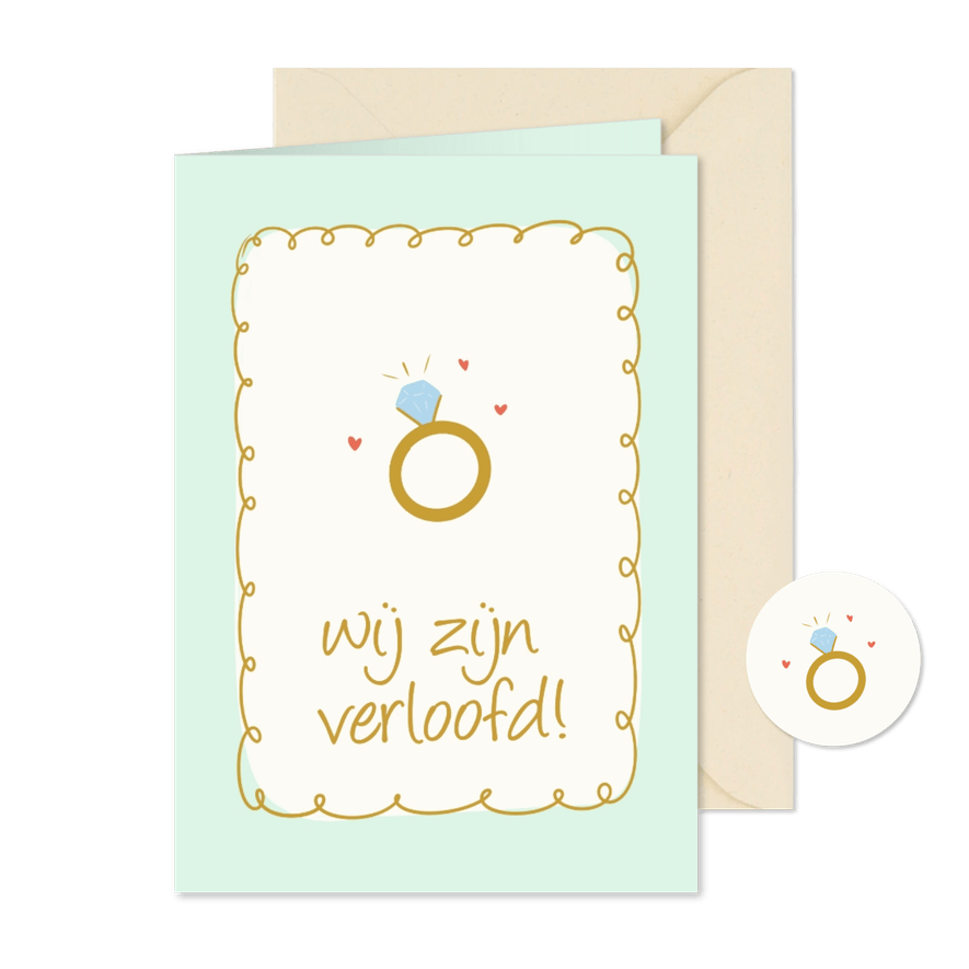 Verlovingskaartje met groen kader en ring - Kaartimpressie