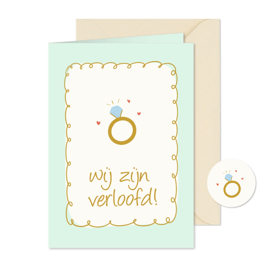 Verlovingskaartje met groen kader en ring - Kaartimpressie