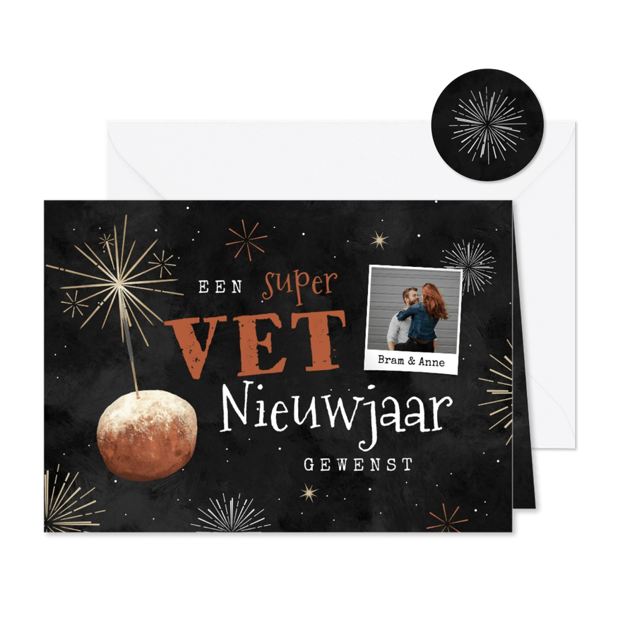Vette nieuwjaarskaart oliebol vuurwerk sterretje foto - Kaartimpressie
