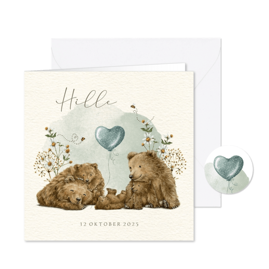 Vierkant geboortekaartje derde kindje met beertjes - Kaartimpressie
