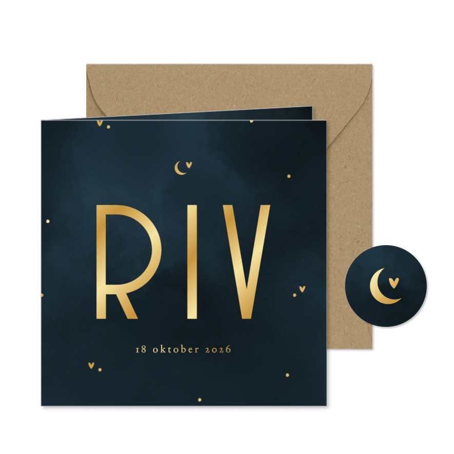 Vierkant geboortekaartje donkerblauwe wolkjes hartjes goud - Kaartimpressie