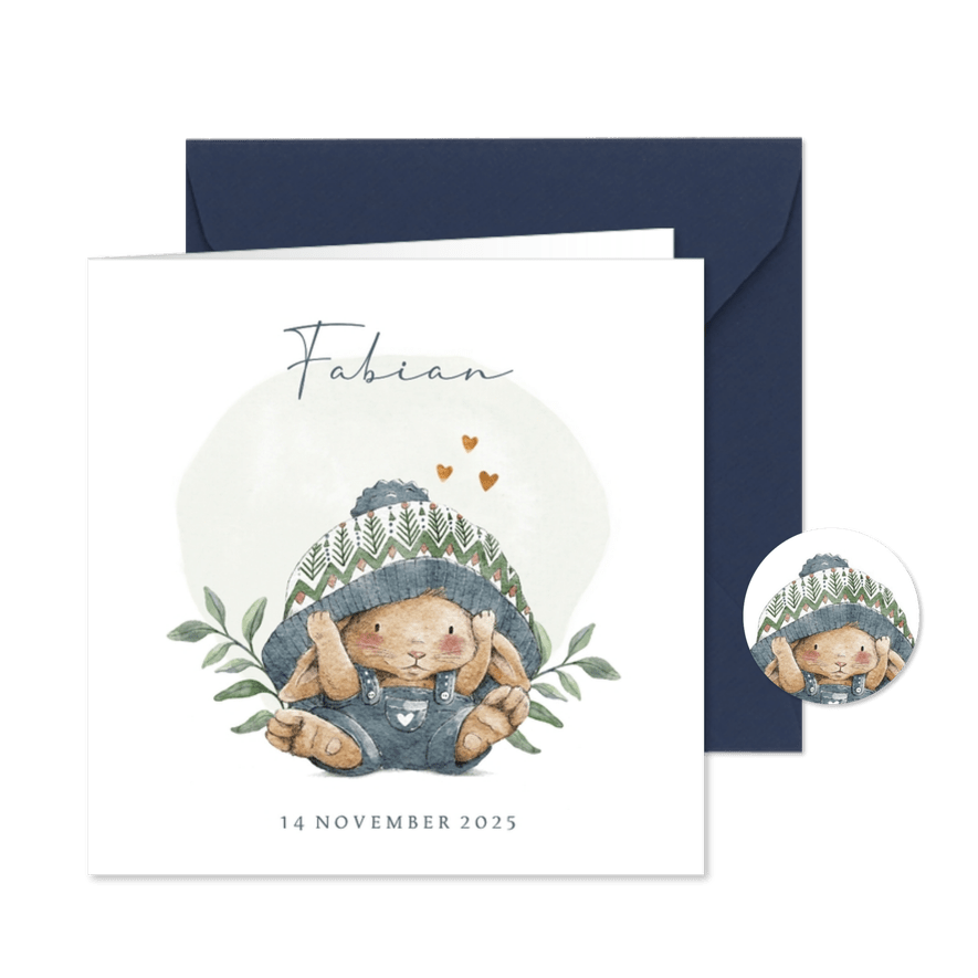 Vierkant geboortekaartje jongen met lief konijntje - Kaartimpressie