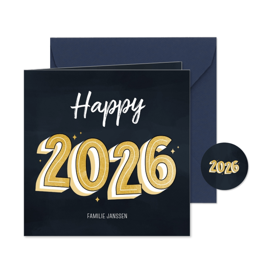 Vierkant nieuwjaarskaartje happy 2026 typografisch - Kaartimpressie
