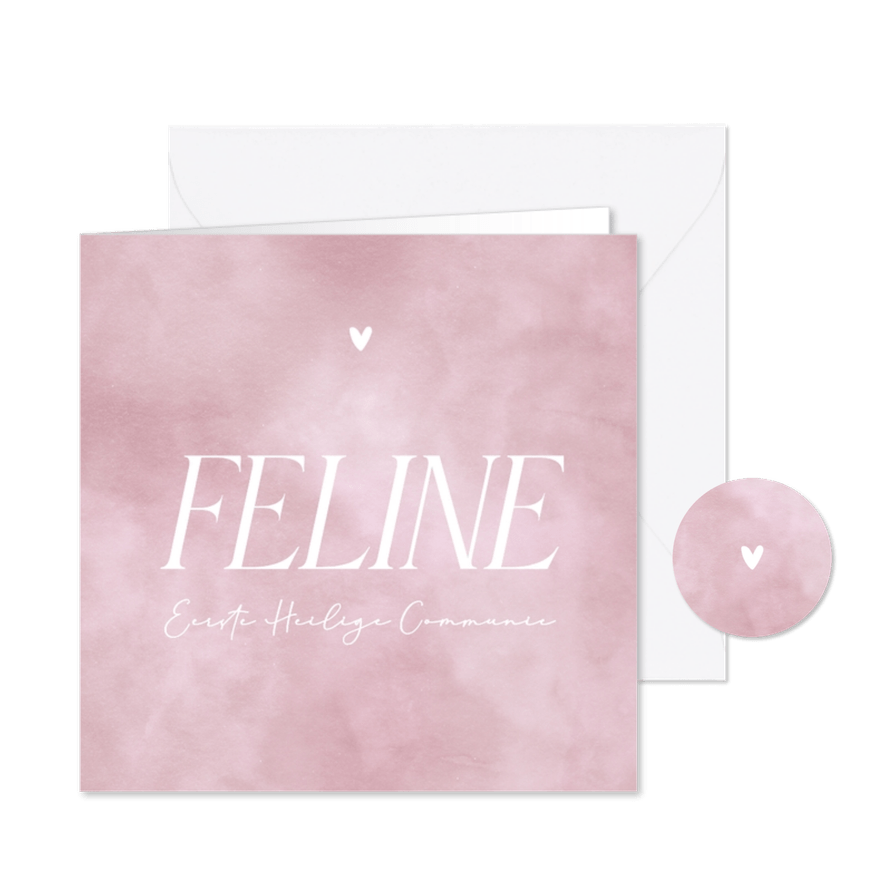 Vierkante communiekaart roze waterverf uitnodiging - Kaartimpressie