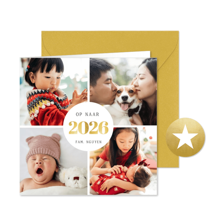 Vierkante fotocollage nieuwjaarskaart met 4 eigen foto's - Kaartimpressie