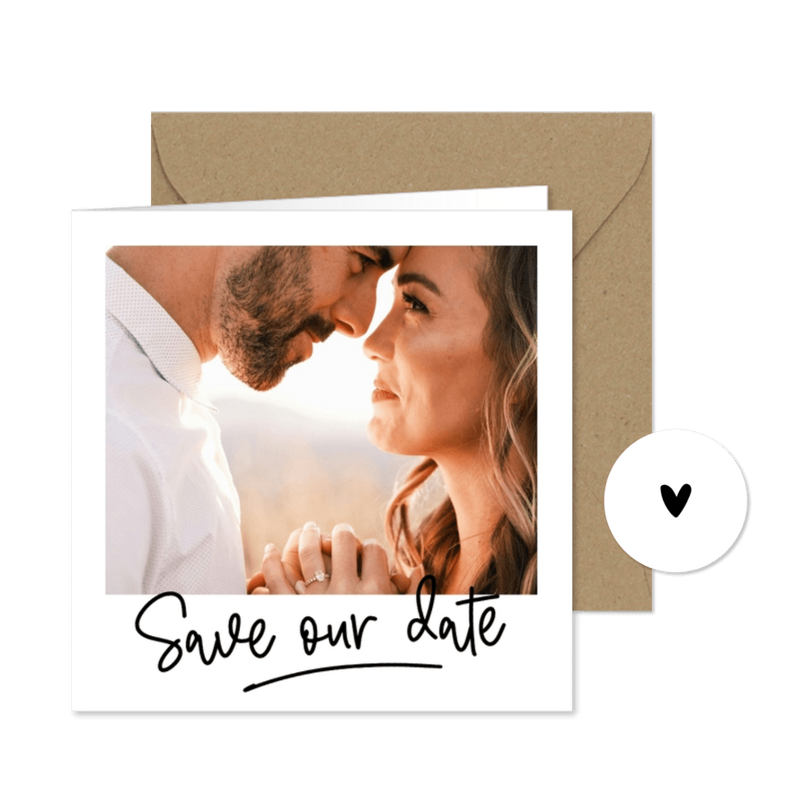 Vierkante handgeschreven save the date met foto kader - Kaartimpressie