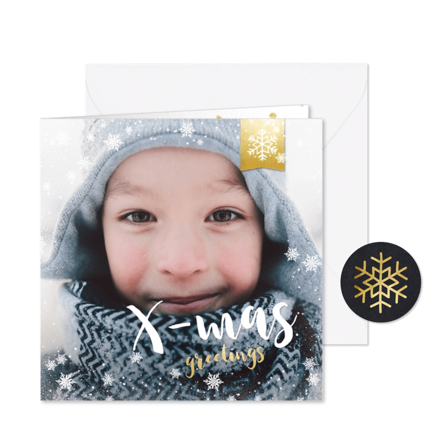 Vierkante kerstkaart met grote foto en rand met sneeuw - Kaartimpressie